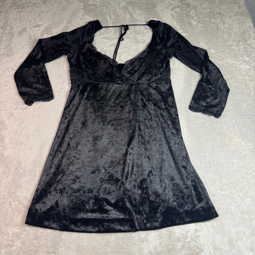 NWOT Free People Womens Black Crushed Velvet Lace Trim Mini Dress Tie Back S